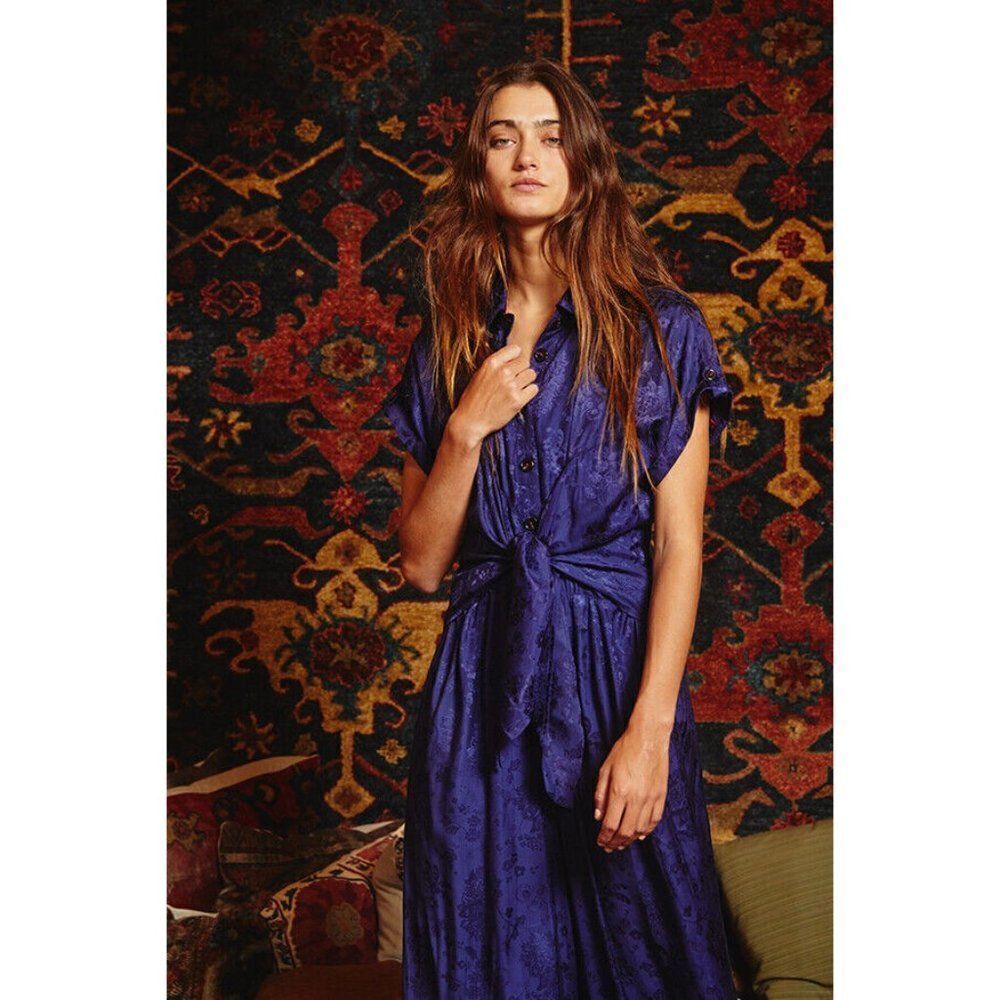 BUCKETLIST Clothing Women's Front Tie Button Down Jumpsuit Jacquard Navy IR5179 - Picture 8 of 9
